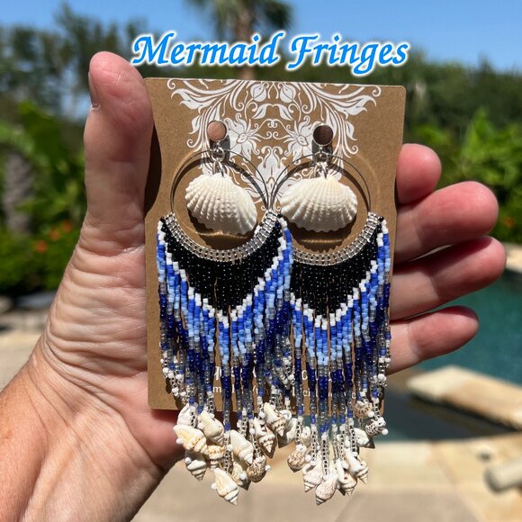 Handmade Beaded Long Tassel Fringe Dangle Drop Mermaid Post Shell Earrings - Picture 1 of 7